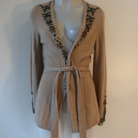 NWOT Womens Escada 100% Cashmere Beige Belted Cardigan W/Beads 38 EUR/US M - Picture 1 of 12